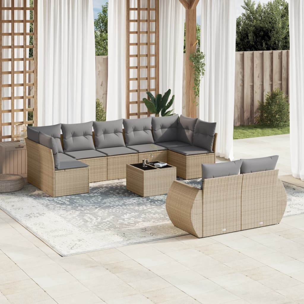 Set Divano da Giardino 10 pz con Cuscini Beige in Polyrattan
