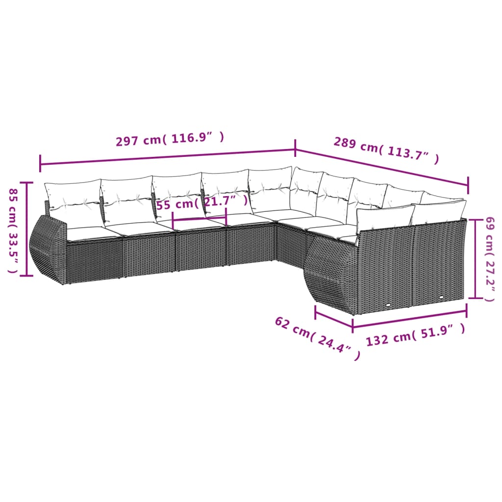 Set Divani da Giardino 10pz con Cuscini in Polyrattan Nero - homemem39