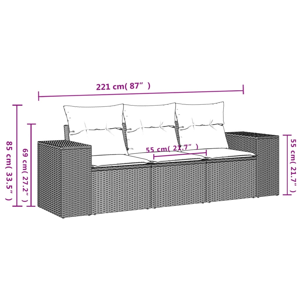 Set Divano da Giardino 3 pz con Cuscini Beige in Polyrattan