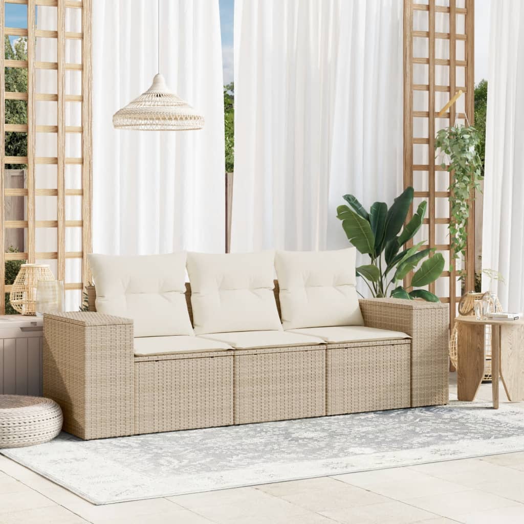 Set Divano da Giardino 3 pz con Cuscini Beige in Polyrattan