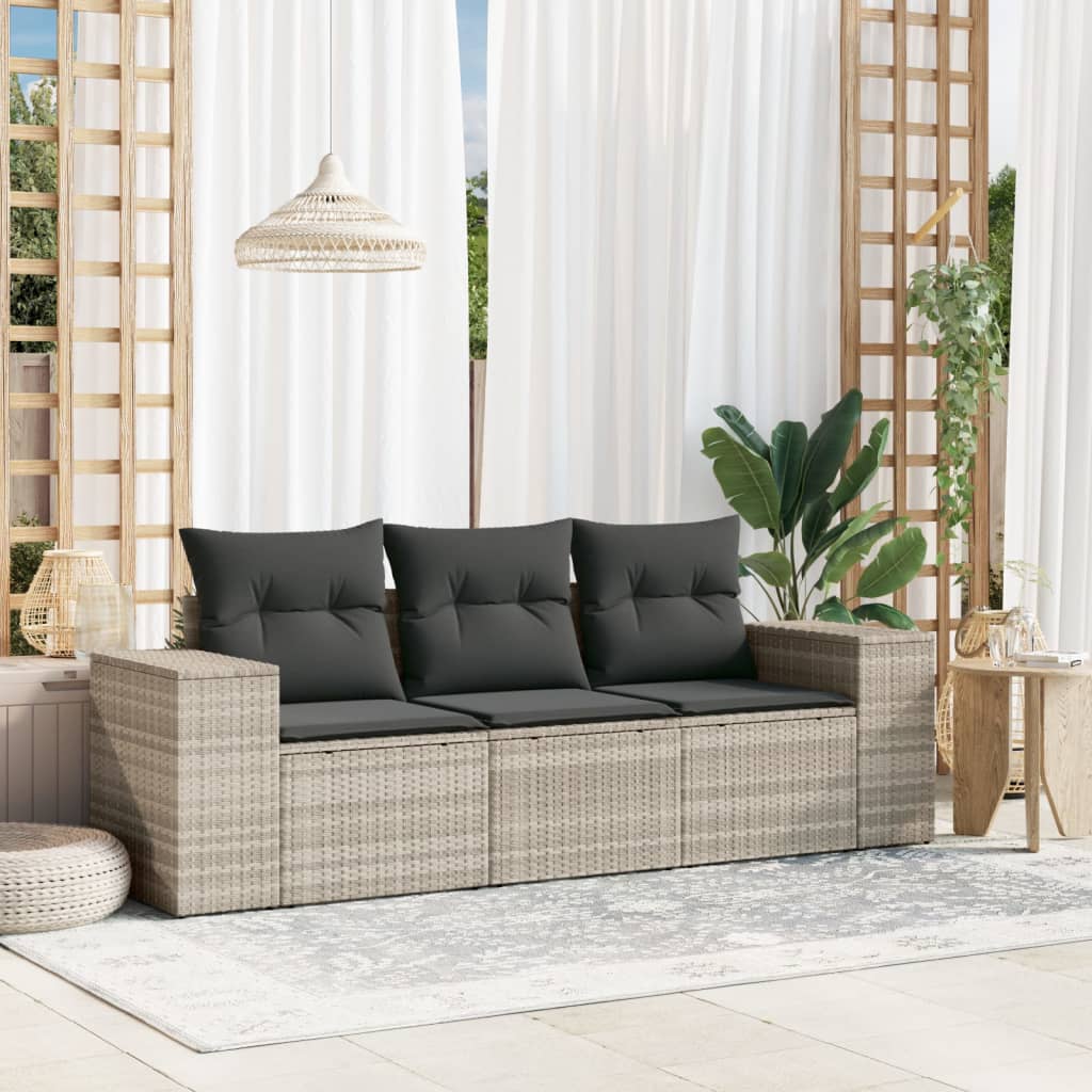 Set Divano da Giardino 3pz con Cuscini Grigio Chiaro Polyrattan