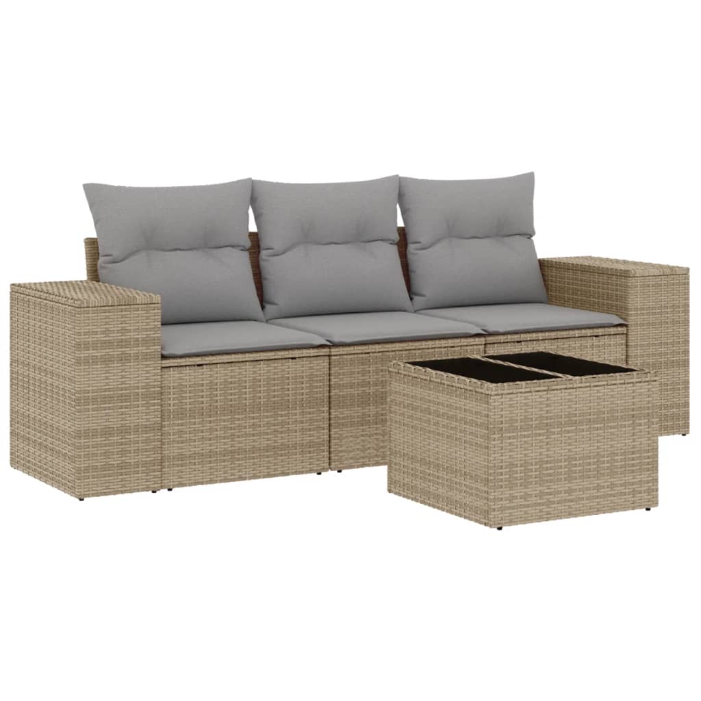 Set Divano da Giardino 4 pz con Cuscini Beige in Polyrattan