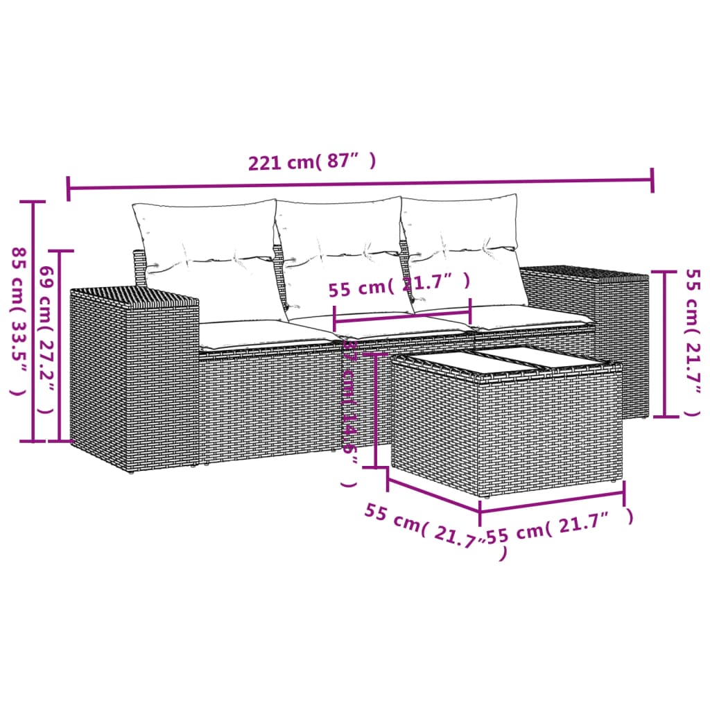 Set Divano da Giardino 4pz con Cuscini Grigio Chiaro Polyrattan