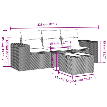 Set Divano da Giardino 4pz con Cuscini Grigio Chiaro Polyrattan