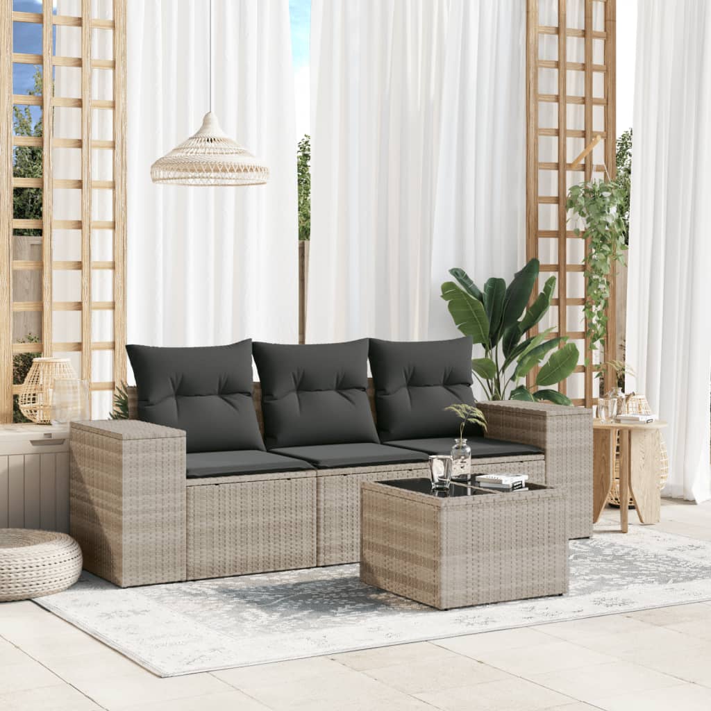 Set Divano da Giardino 4pz con Cuscini Grigio Chiaro Polyrattan