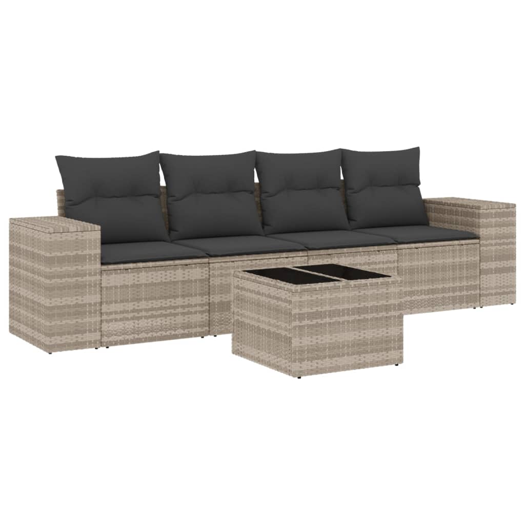 Set Divano da Giardino 5pz con Cuscini Grigio Chiaro Polyrattan