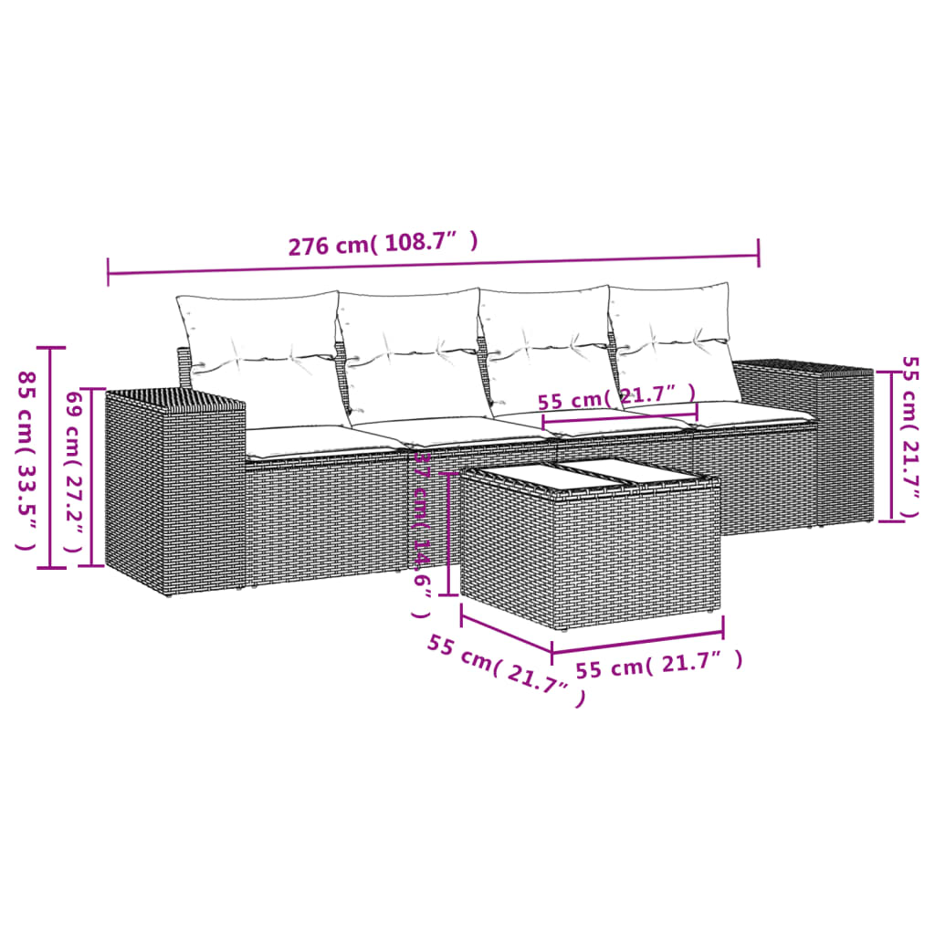 Set Divano da Giardino 5pz con Cuscini Grigio Chiaro Polyrattan