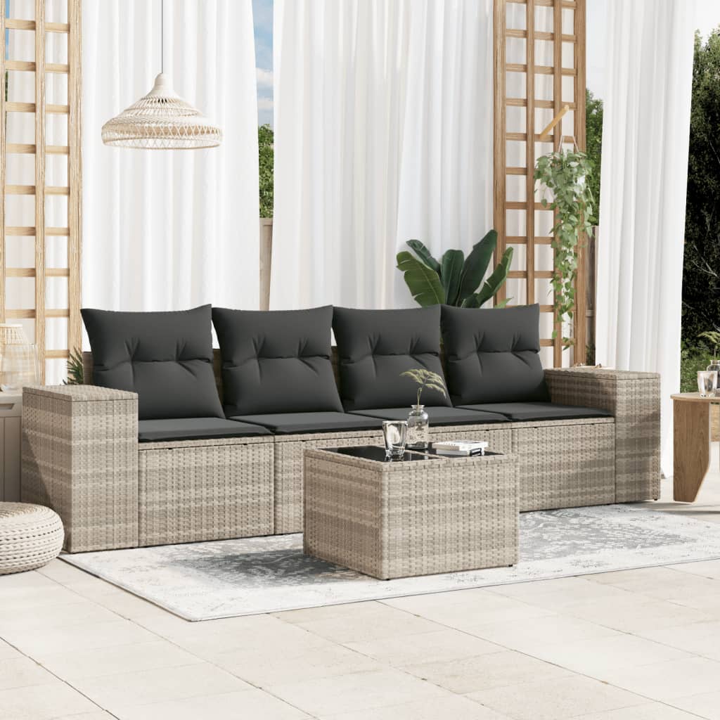 Set Divano da Giardino 5pz con Cuscini Grigio Chiaro Polyrattan