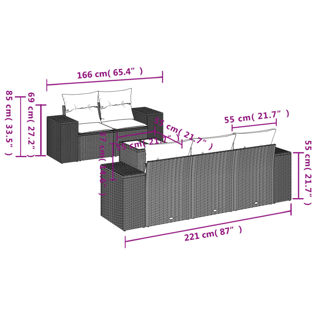 Set Divano da Giardino 6pz con Cuscini Grigio Chiaro Polyrattan