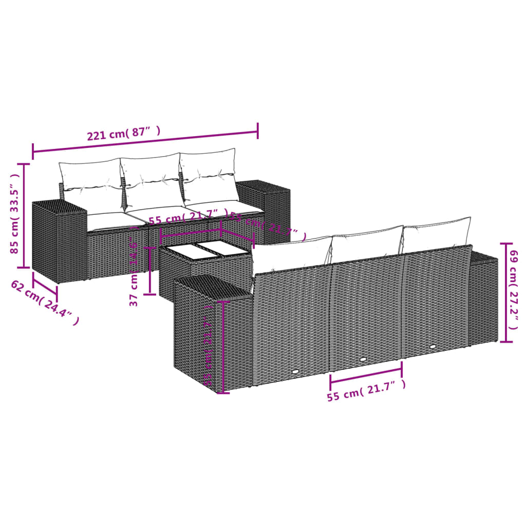 Set Divani da Giardino 7pz con Cuscini Grigio Chiaro Polyrattan