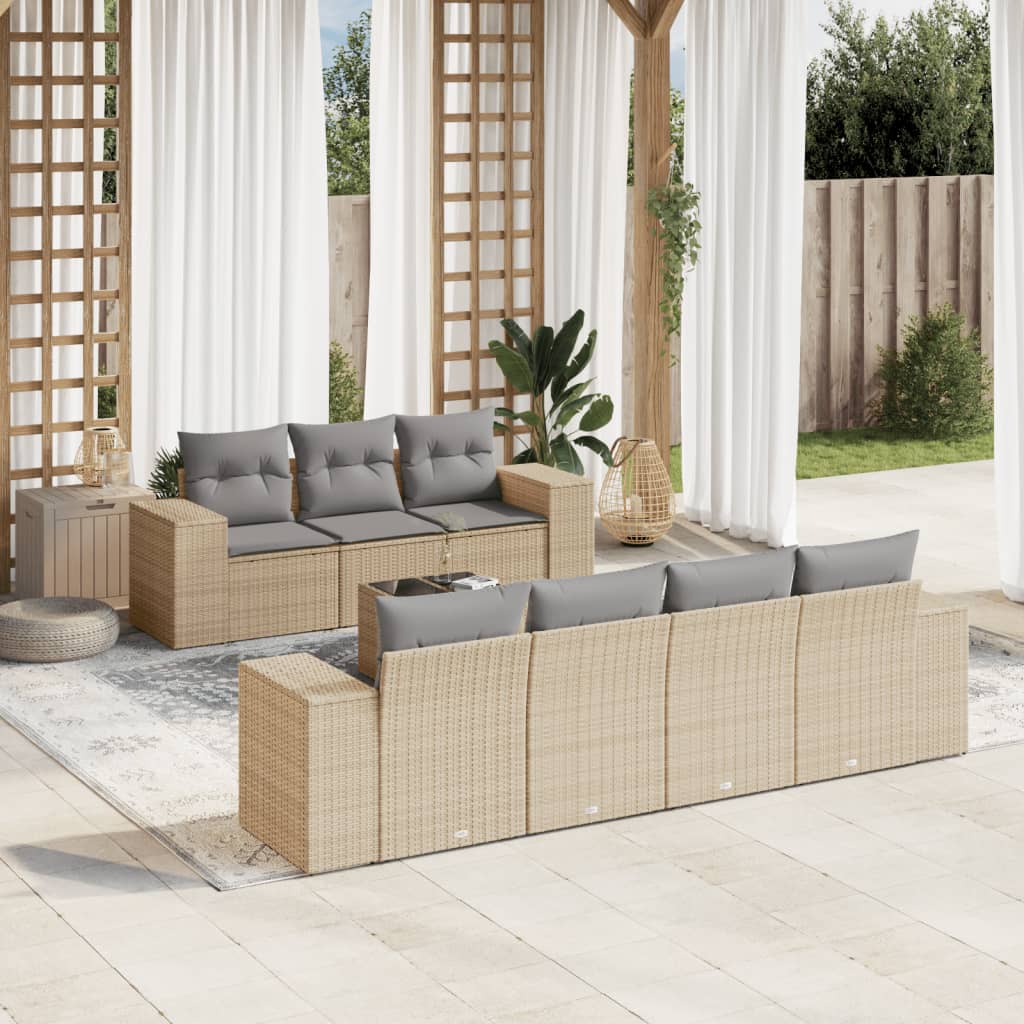 Set Divano da Giardino 8 pz con Cuscini Beige in Polyrattan