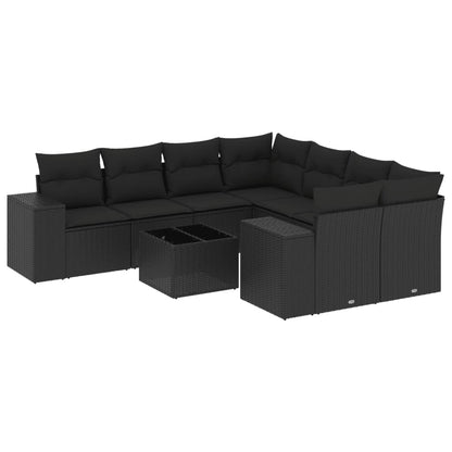 Set Divani da Giardino 9 pz con Cuscini Nero in Polyrattan