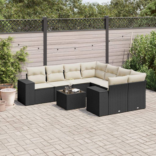 Set Divani da Giardino 9 pz con Cuscini Nero in Polyrattan - homemem39