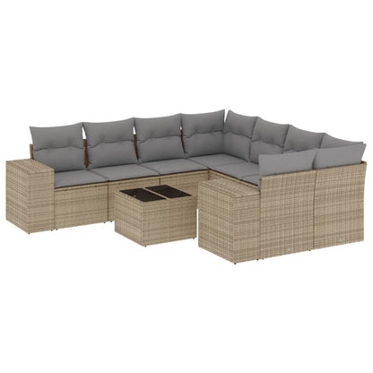 Set Divano da Giardino 9 pz con Cuscini Beige in Polyrattan