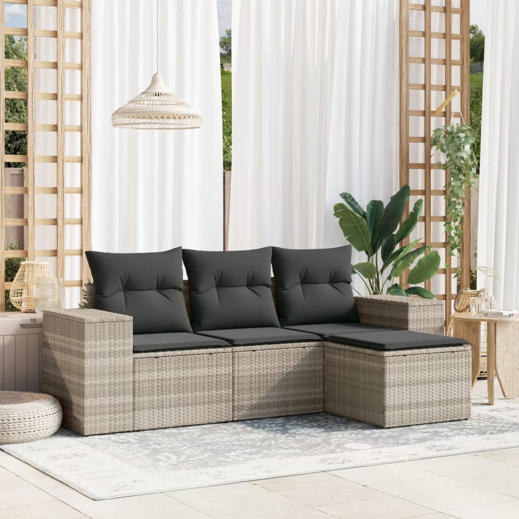 Set Divano da Giardino 4pz con Cuscini Grigio Chiaro Polyrattan