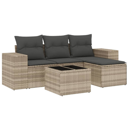 Set Divano da Giardino 5pz con Cuscini Grigio Chiaro Polyrattan