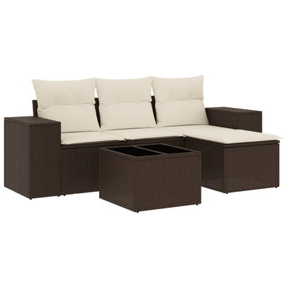 Set Divano da Giardino 5 pz con Cuscini Marrone in Polyrattan