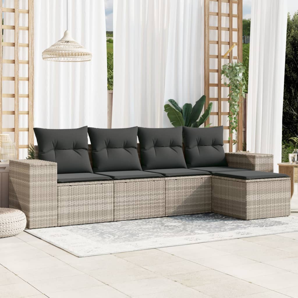 Set Divano da Giardino 5pz con Cuscini Grigio Chiaro Polyrattan