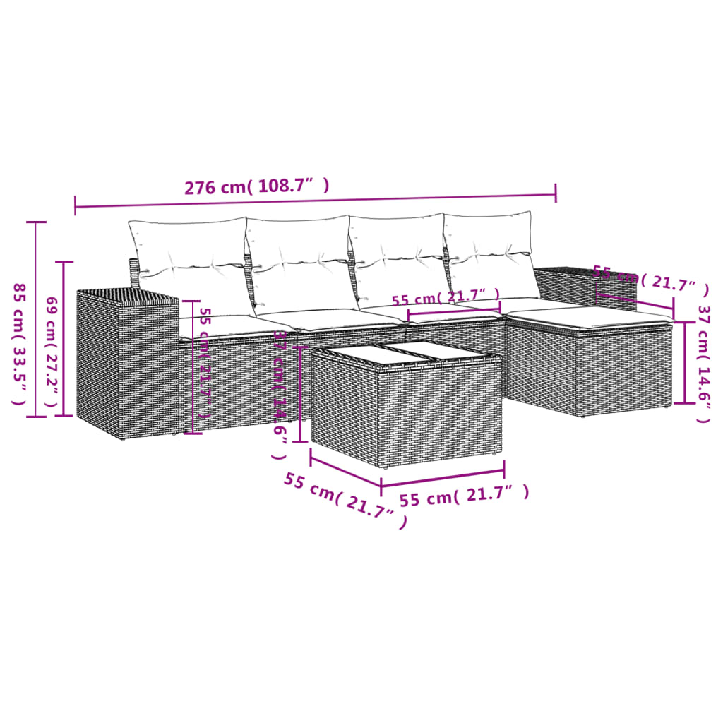 Set Divano da Giardino 6pz con Cuscini Grigio Chiaro Polyrattan