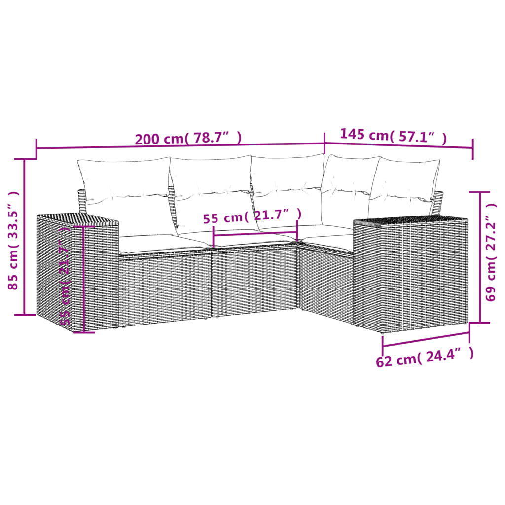 Set Divano da Giardino 4pz con Cuscini Grigio Chiaro Polyrattan