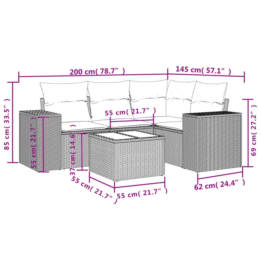 Set Divano da Giardino 5pz con Cuscini Grigio Chiaro Polyrattan