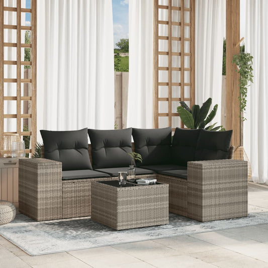 Set Divano da Giardino 5pz con Cuscini Grigio Chiaro Polyrattan