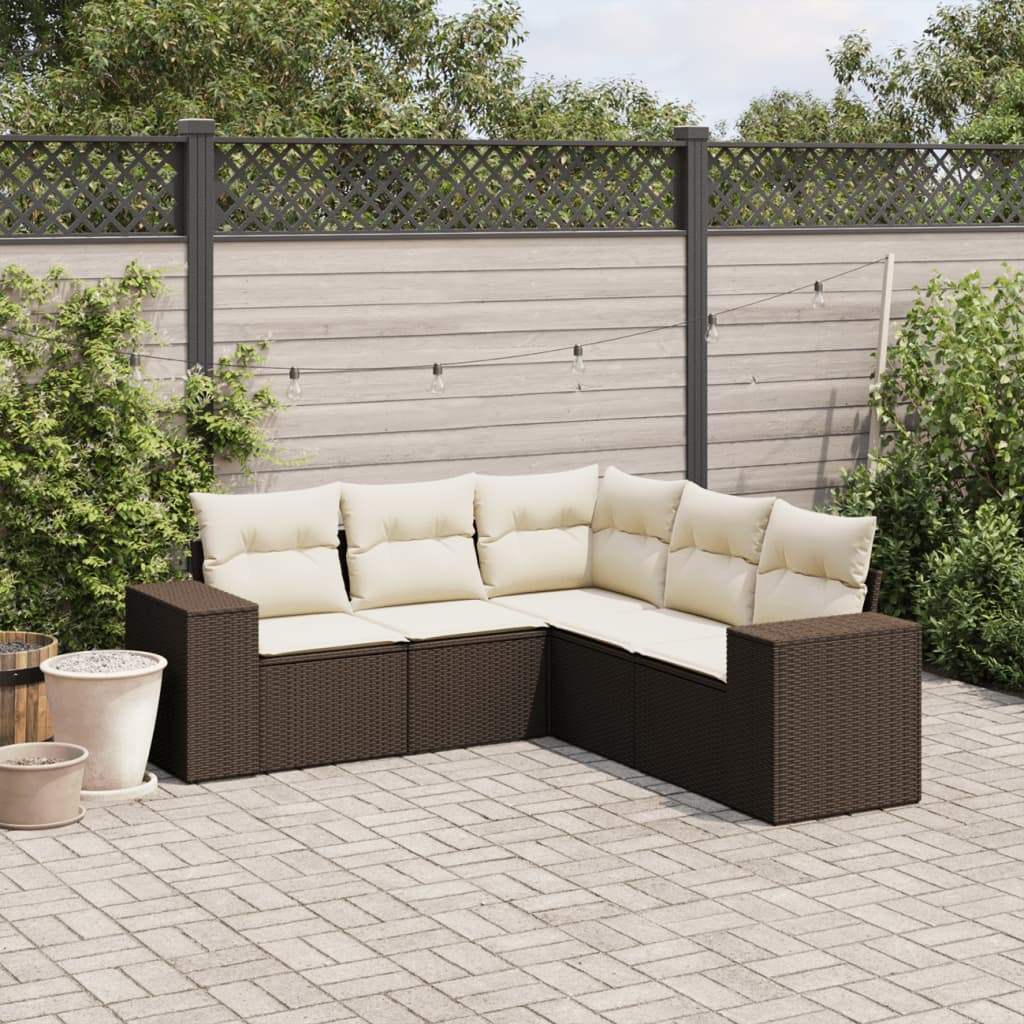 Set Divano da Giardino 5 pz con Cuscini Marrone in Polyrattan - homemem39