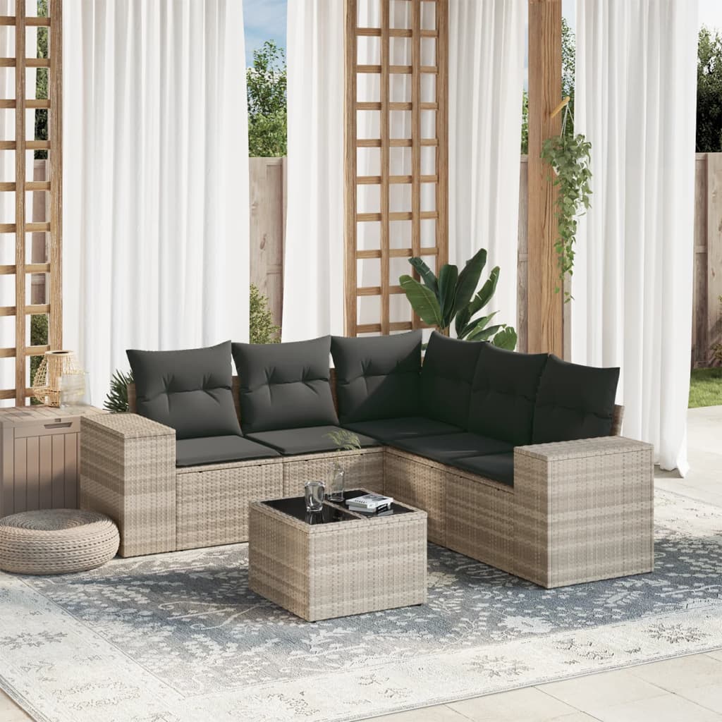 Set Divano da Giardino 6pz con Cuscini Grigio Chiaro Polyrattan