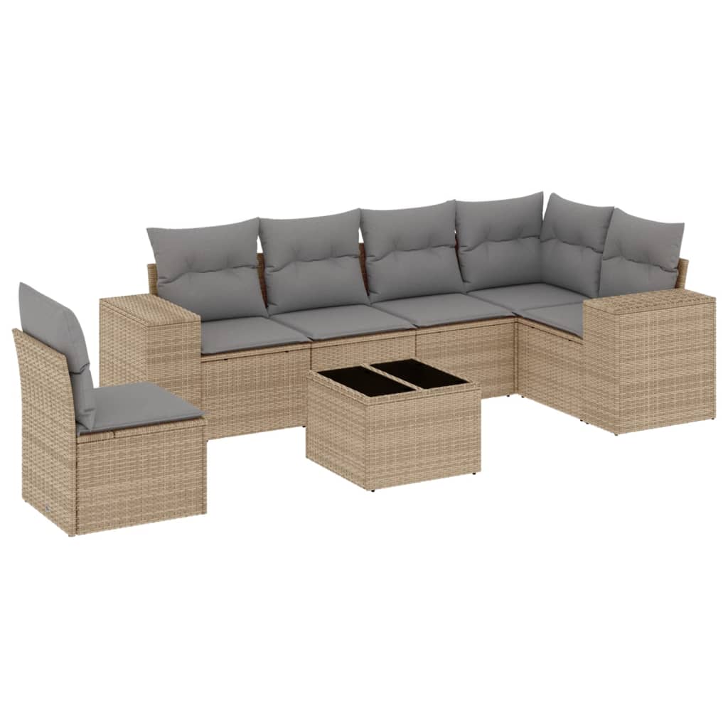Set Divani da Giardino 7 pz con Cuscini Beige in Polyrattan