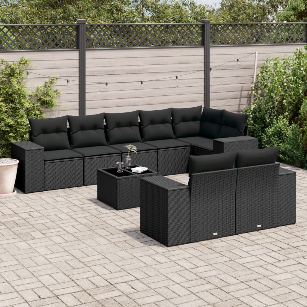 Set Divani da Giardino 9 pz con Cuscini Nero in Polyrattan | homemem39
