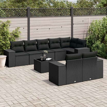 Set Divani da Giardino 9 pz con Cuscini Nero in Polyrattan | homemem39