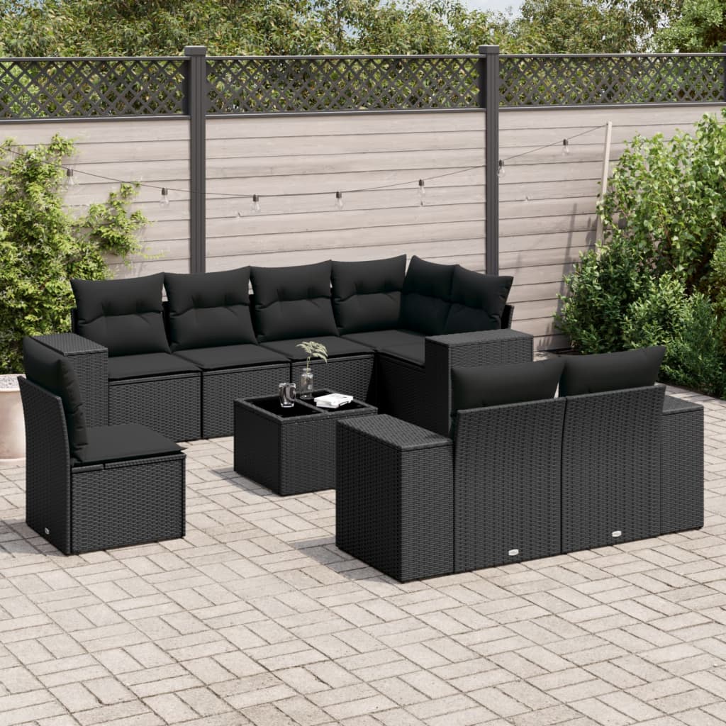 Set Divani da Giardino 9 pz con Cuscini Nero in Polyrattan | homemem39