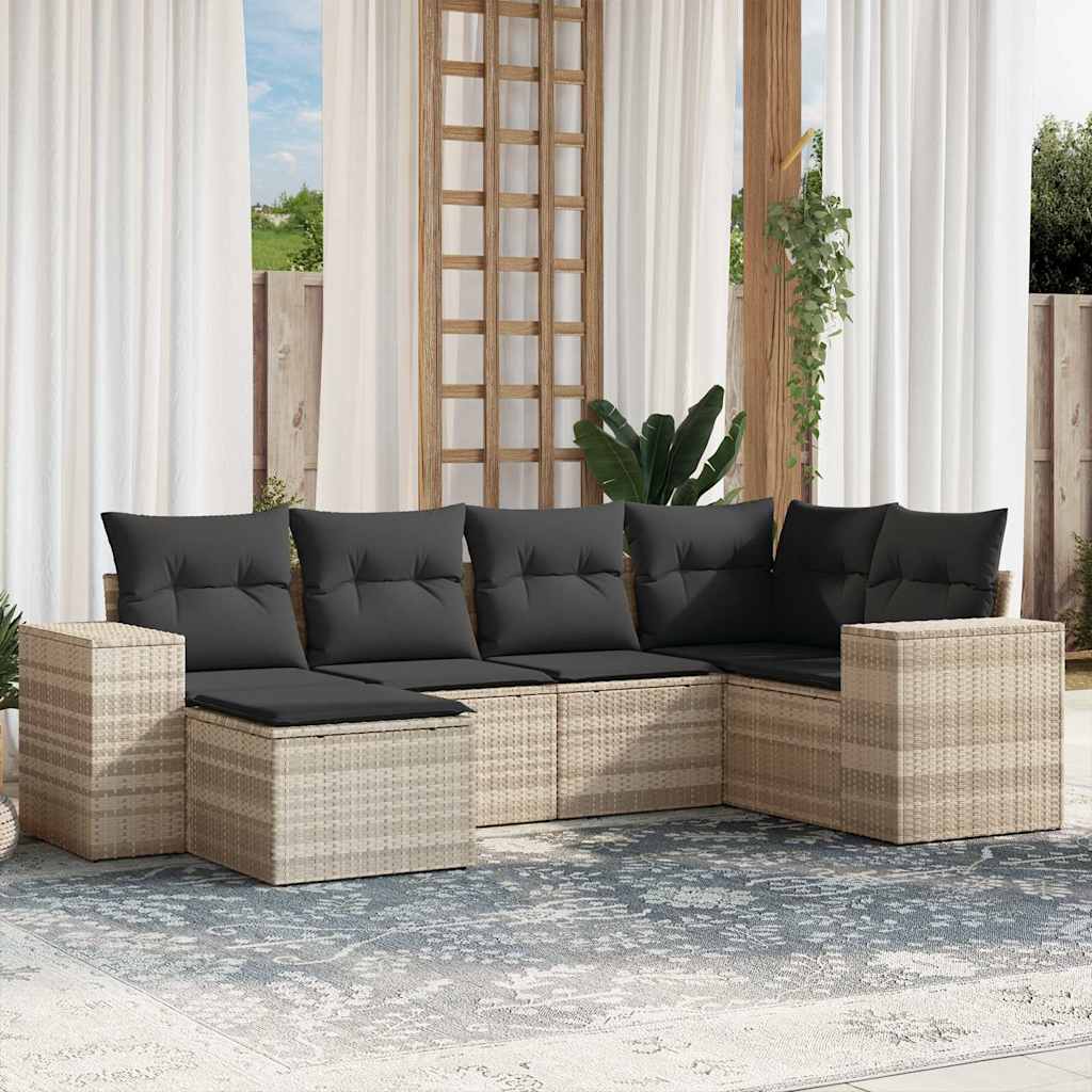 Set Divano da Giardino 6pz con Cuscini Grigio Chiaro Polyrattan
