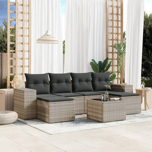 Set Divani da Giardino 7pz con Cuscini Grigio Chiaro Polyrattan