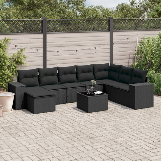 Set Divani da Giardino 9 pz con Cuscini Nero in Polyrattan | homemem39