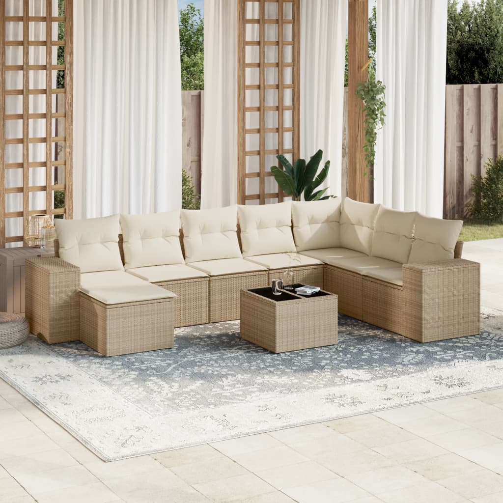 Set Divano da Giardino 9 pz con Cuscini Beige in Polyrattan | homemem39