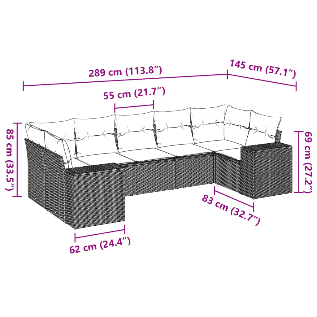 Set Divani da Giardino 7 pz con Cuscini Beige in Polyrattan