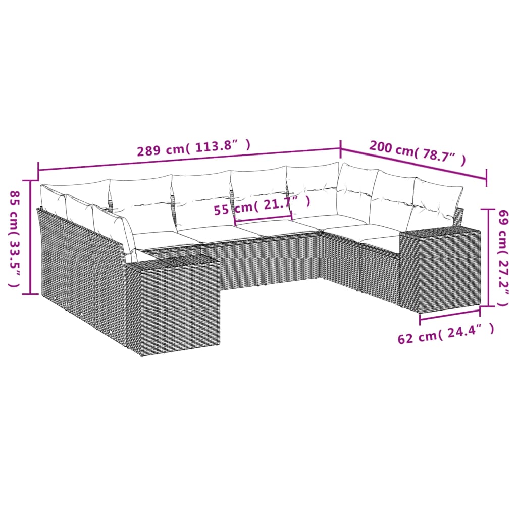 Set Divano da Giardino 9 pz con Cuscini Beige in Polyrattan