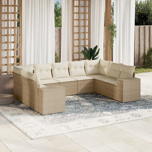 Set Divano da Giardino 9 pz con Cuscini Beige in Polyrattan