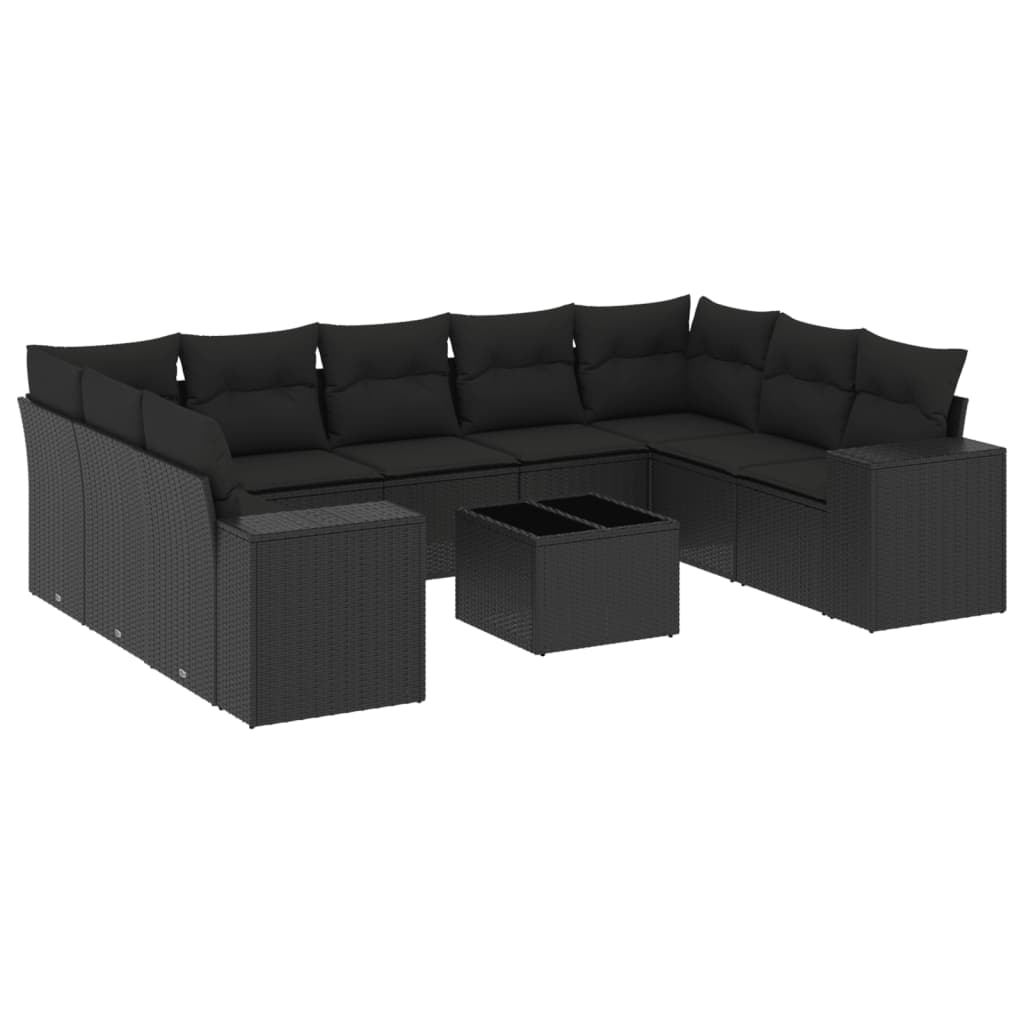 Set Divani da Giardino 10pz con Cuscini in Polyrattan Nero