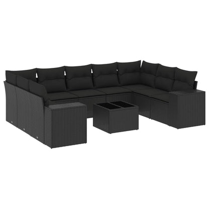 Set Divani da Giardino 10pz con Cuscini in Polyrattan Nero