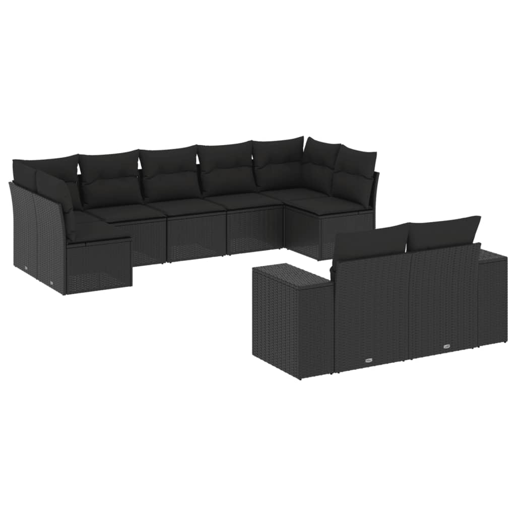 Set Divani da Giardino 9 pz con Cuscini Nero in Polyrattan