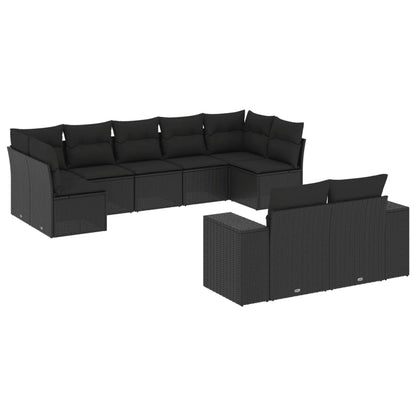 Set Divani da Giardino 9 pz con Cuscini Nero in Polyrattan