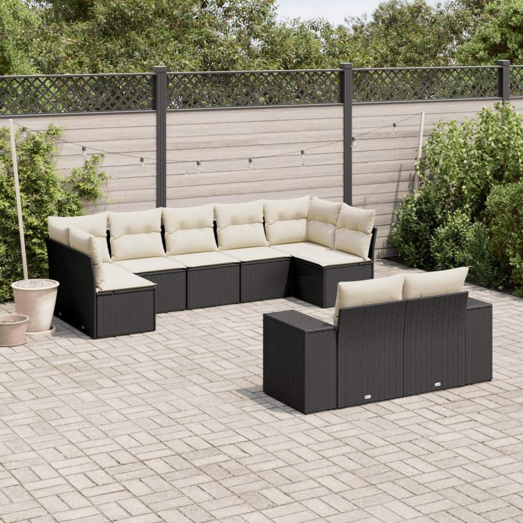 Set Divani da Giardino 9 pz con Cuscini Nero in Polyrattan - homemem39