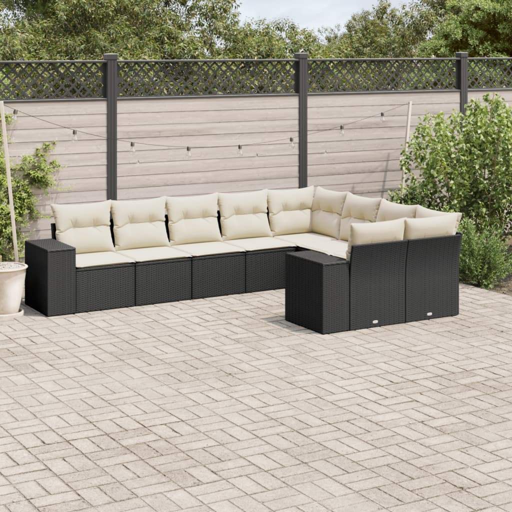 Set Divani da Giardino 9 pz con Cuscini Nero in Polyrattan - homemem39
