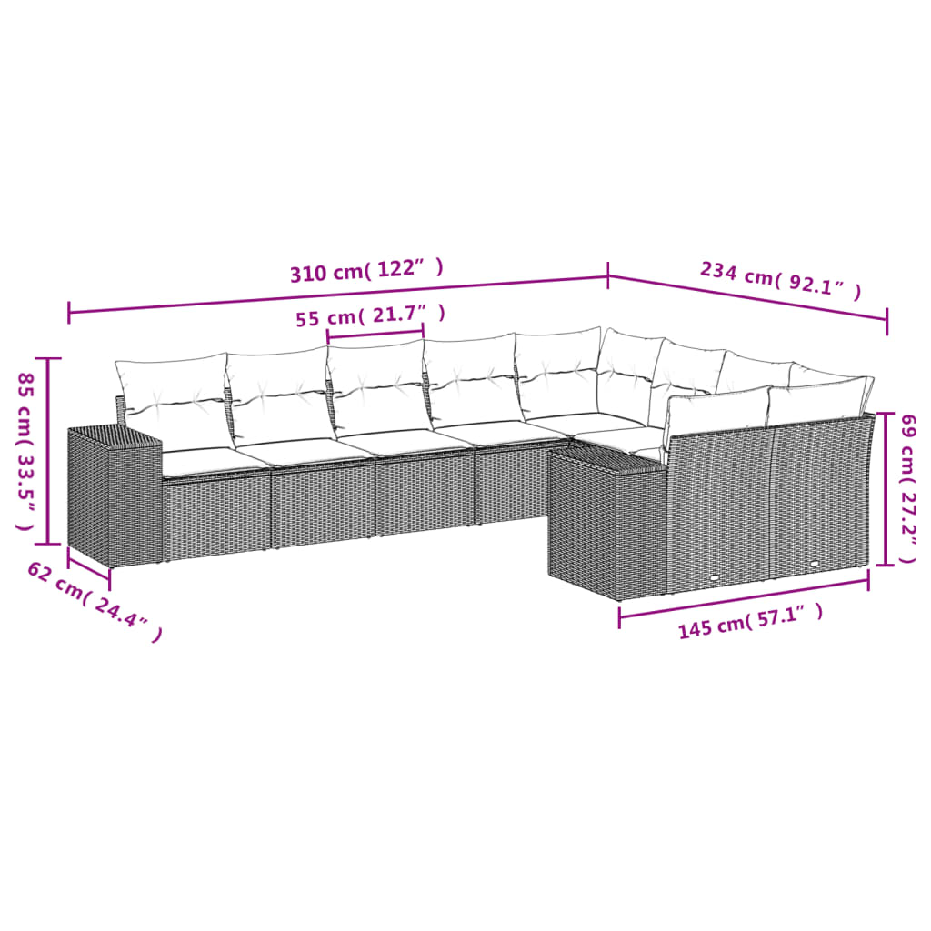 Set Divano da Giardino 9 pz con Cuscini Beige in Polyrattan