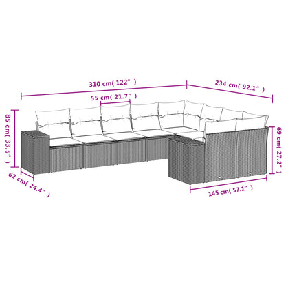 Set Divano da Giardino 9 pz con Cuscini Beige in Polyrattan