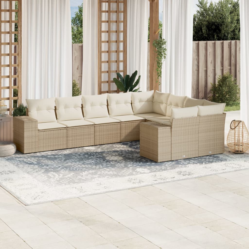 Set Divano da Giardino 9 pz con Cuscini Beige in Polyrattan