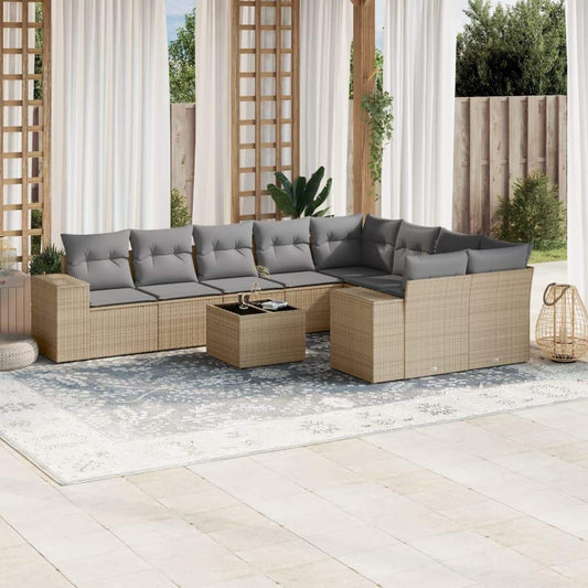 Set Divano da Giardino 10 pz con Cuscini Beige in Polyrattan - homemem39