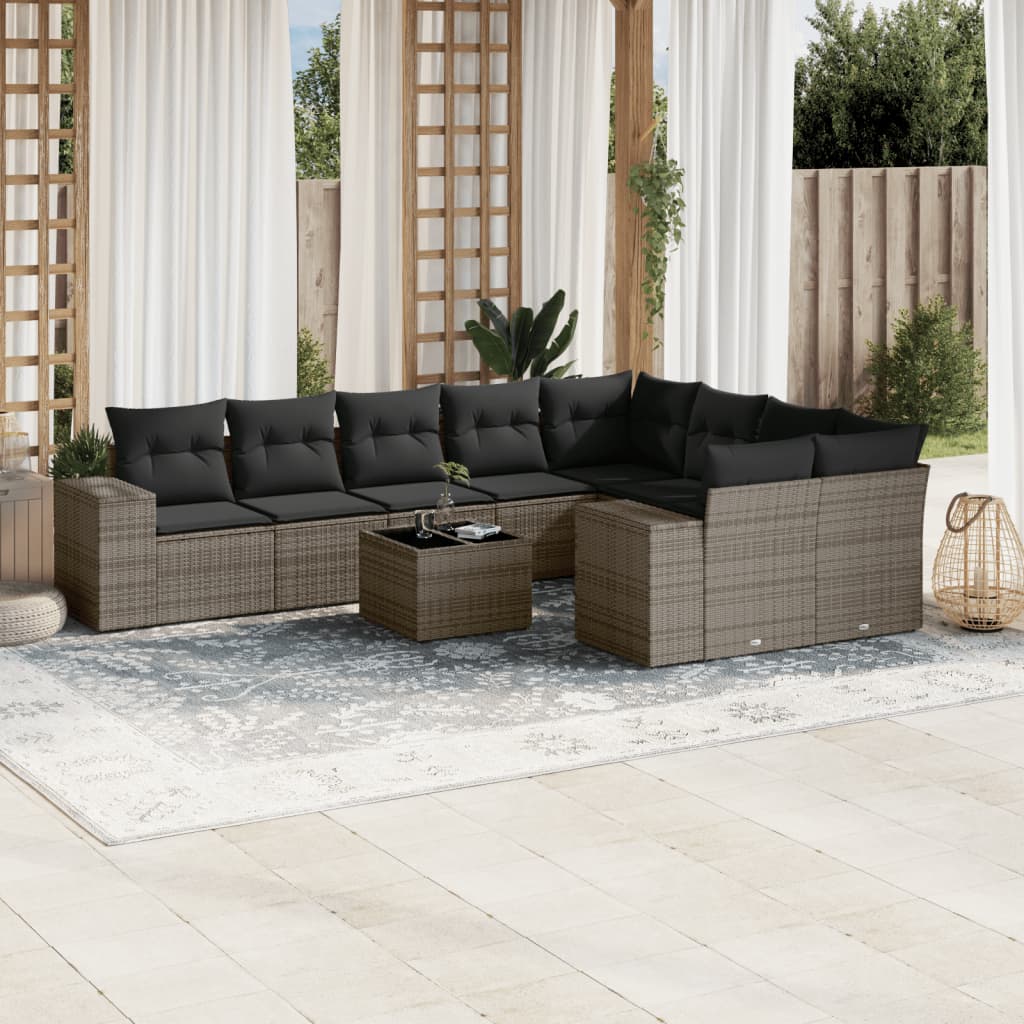 Set Divano da Giardino 10 pz con Cuscini Grigio in Polyrattan